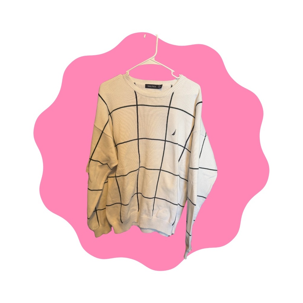 Nautica Cream and Black Grid Sweater